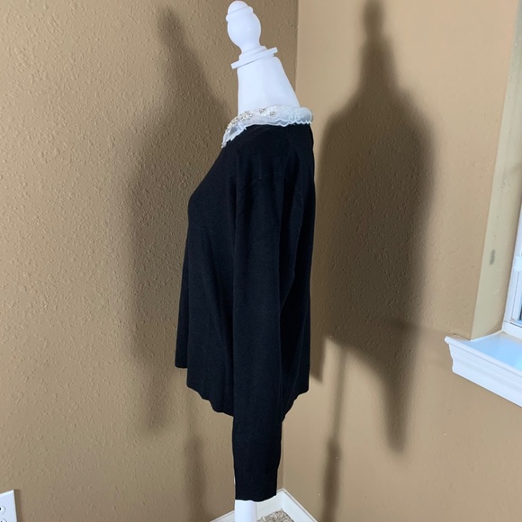 Siani Milano Black Knit Top White Embellished Lace Collar XL NWT - Picture 2 of 9